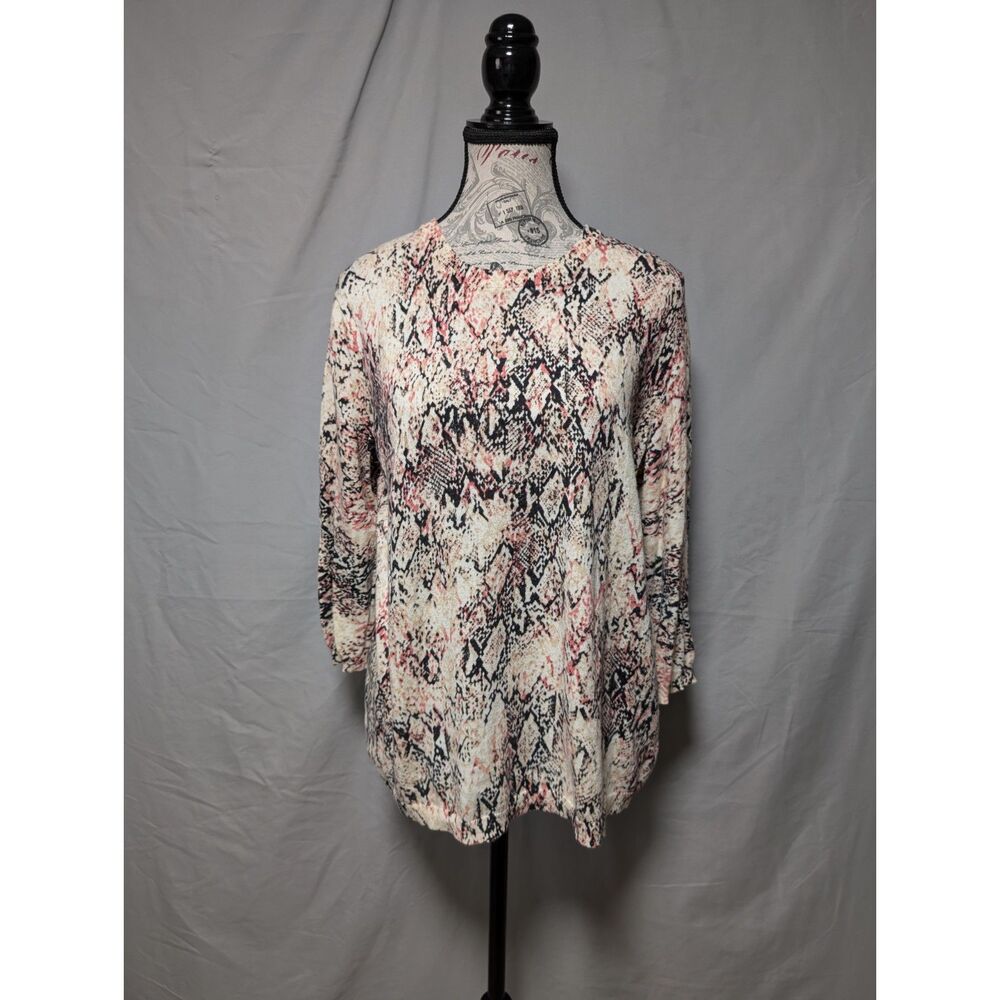 Dana‎ Buchman Cotton Cream Sweater Pink Pop Snake Print Zipper Blouse Women's XL